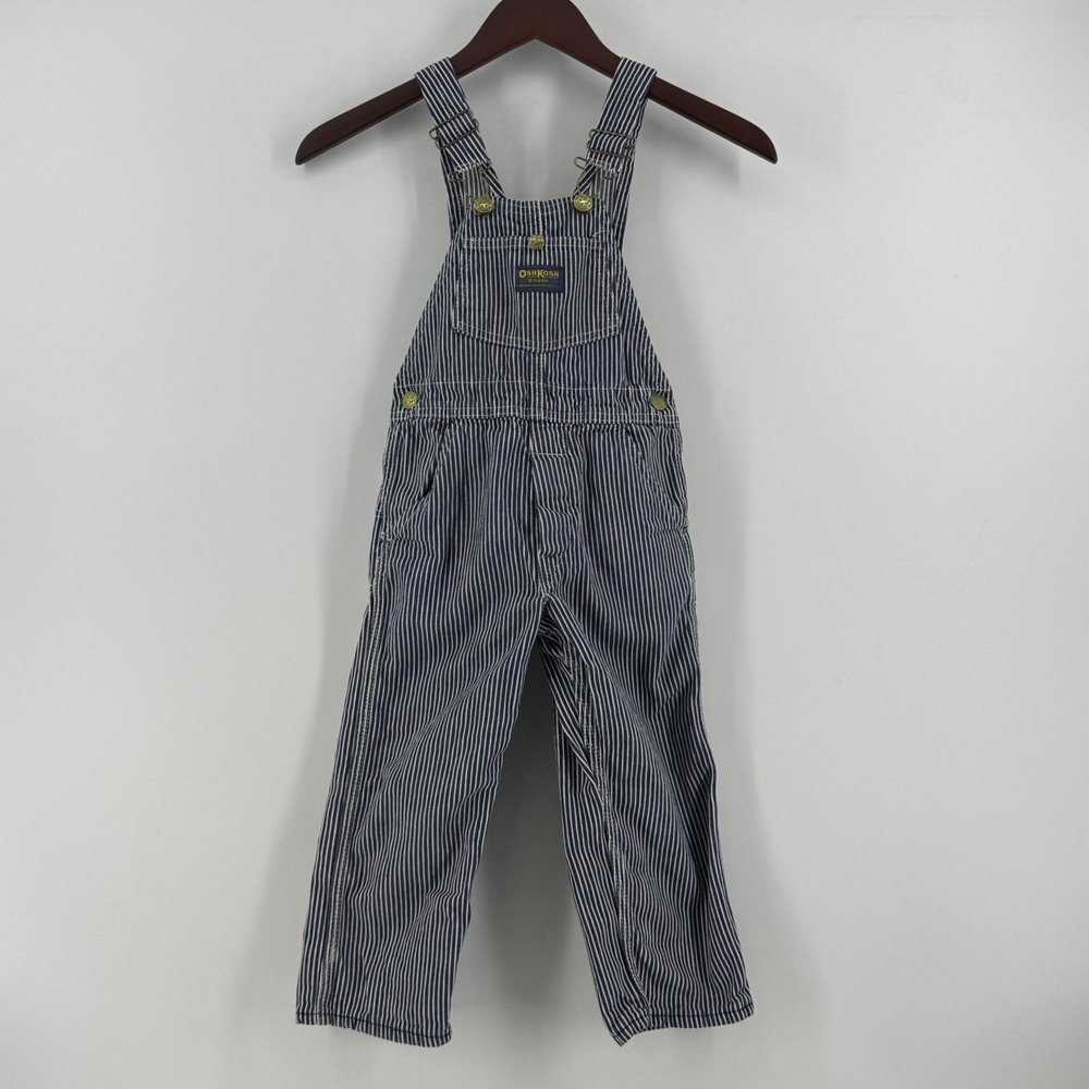 Vtg OshKosh B'Gosh Hickory Stripe Overalls Kids Blue White Union Made Vestbak